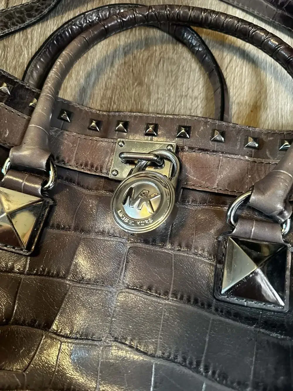 Michael Kors Grey Croc Embossed Leather Studded Hamilton Tote Bag